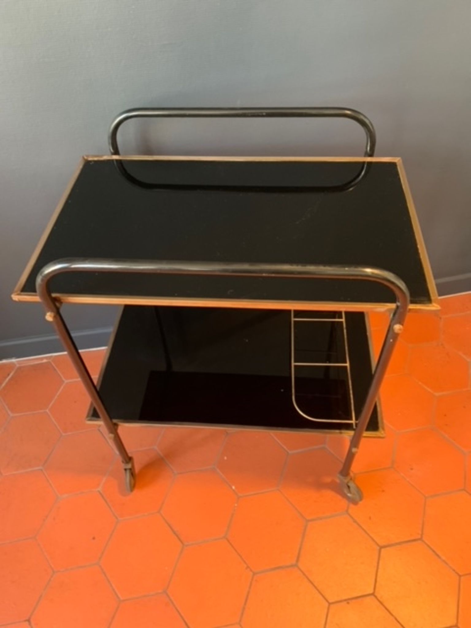 Bar service with wheels in black glass and gilded brass 50s