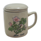 Vintage stoneware teapot with Alcea rosea infuser