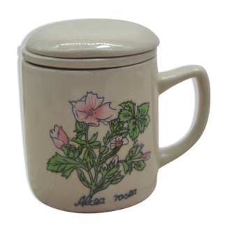 Vintage stoneware teapot with Alcea rosea infuser