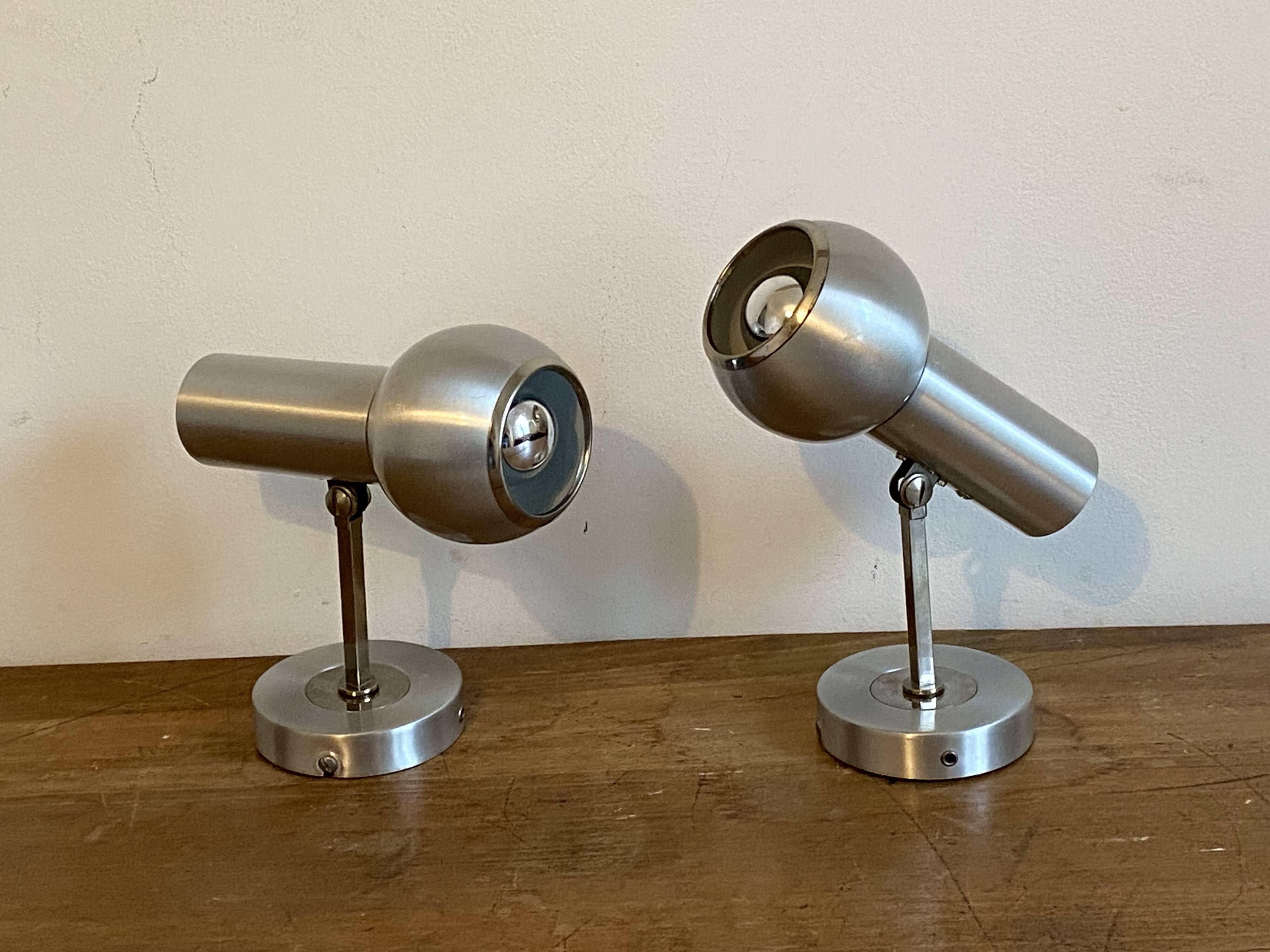 Pair of Eye Ball wall lights. 1970. Brushed stainless steel.