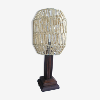 Lampe de table deco vintage en bois & abat-jour ficelle