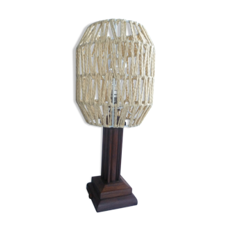 Lampe de table deco vintage en bois & abat-jour ficelle