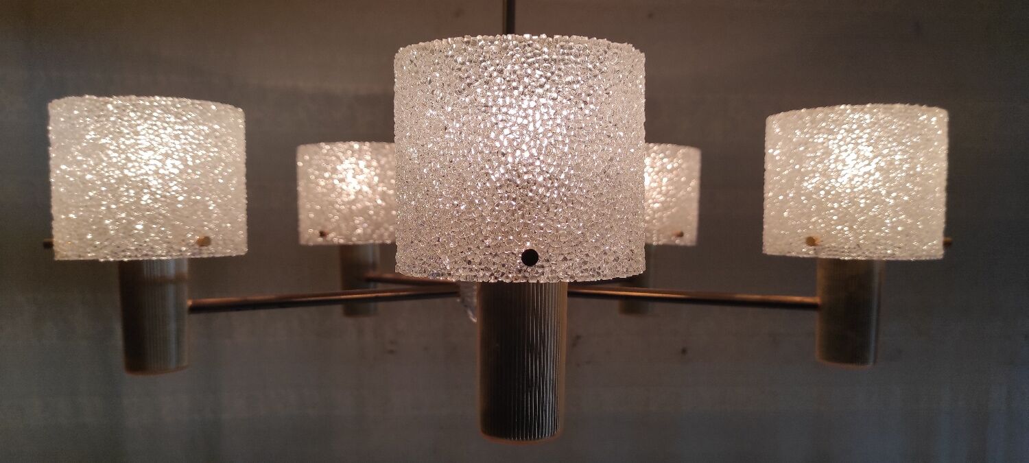 Brass and perspex chandelier with 5 lights - 1960s/70s