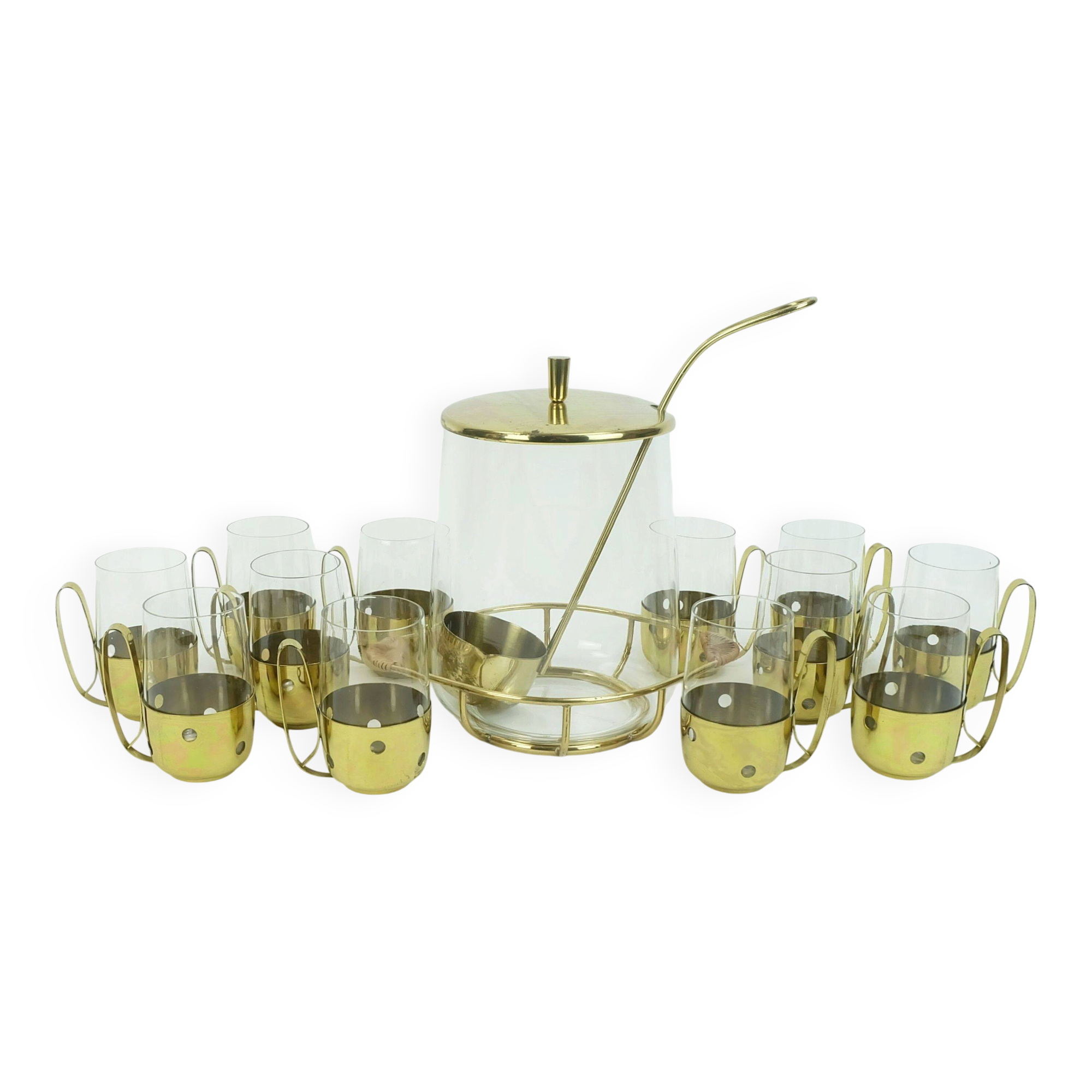 elegant mid century PUNCH bowl set with 12 glasses and centerpiece 1950s