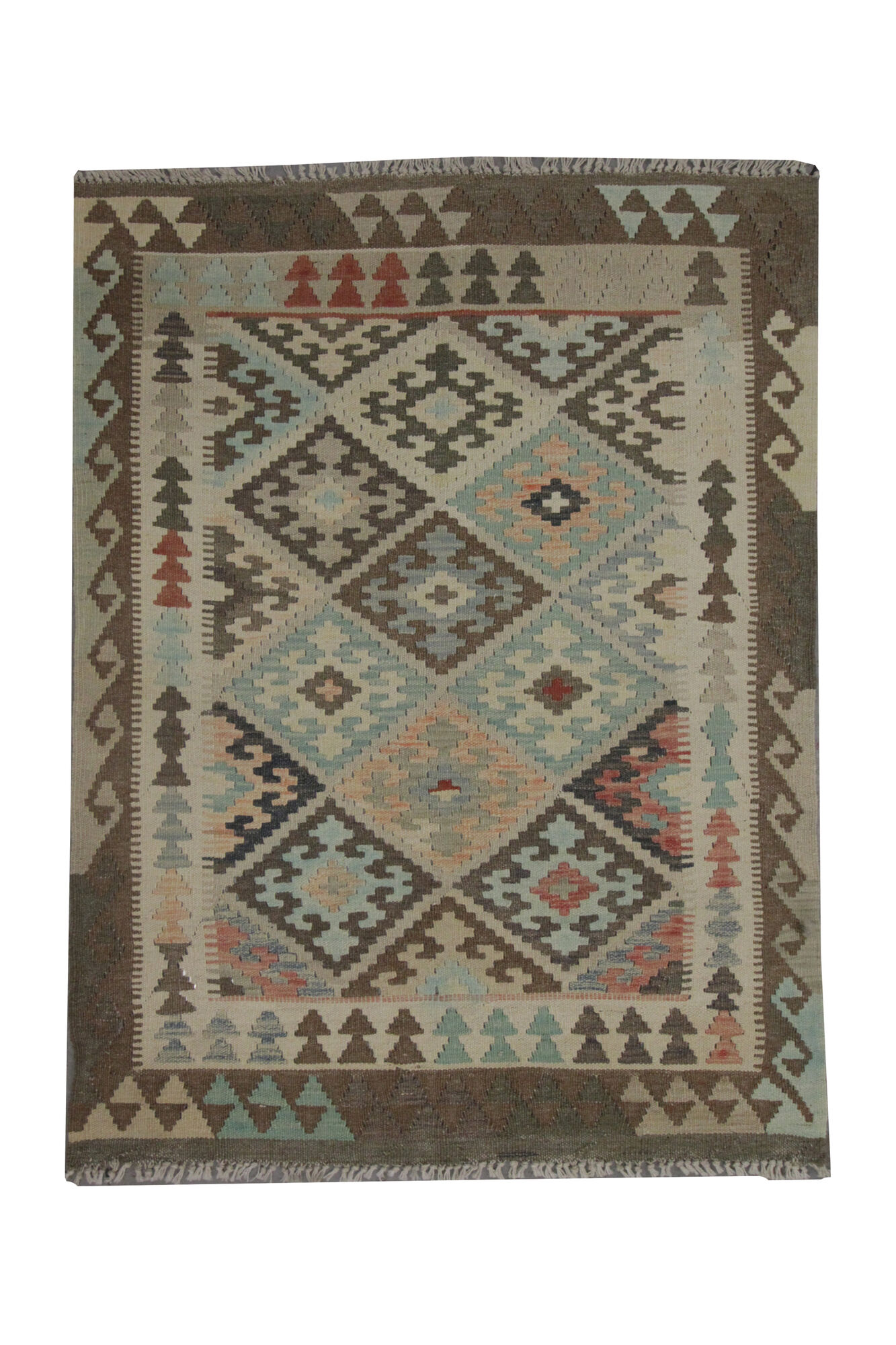 Traditional Afghan Kilim Rug Symmetrical Geometric Wool Area Rug- 104x141cm