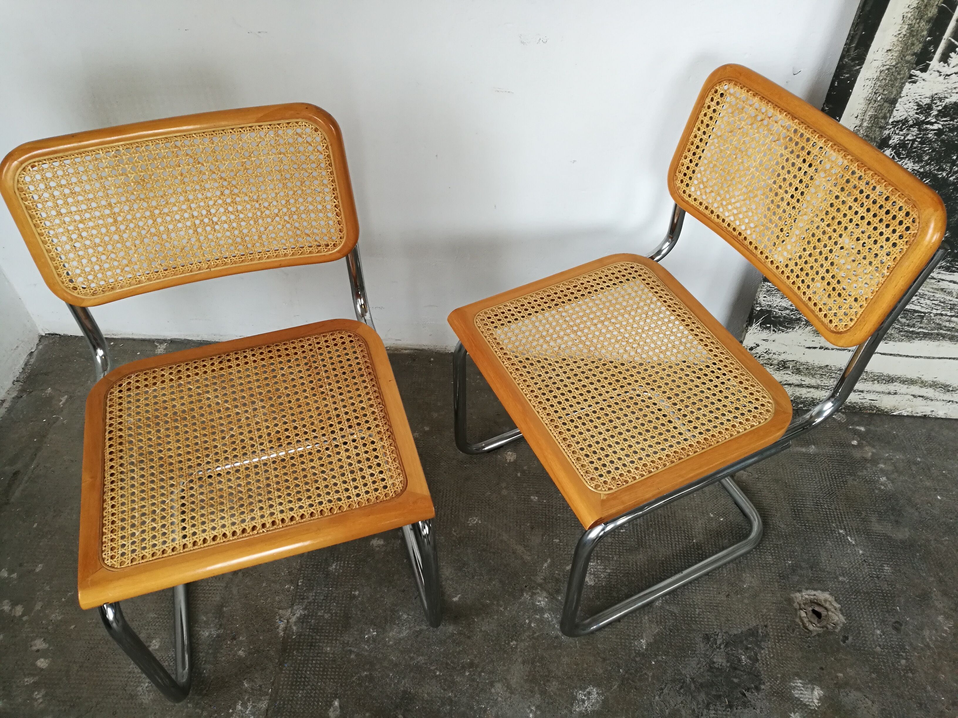 Pair of chairs, canning and chrome tubular metal