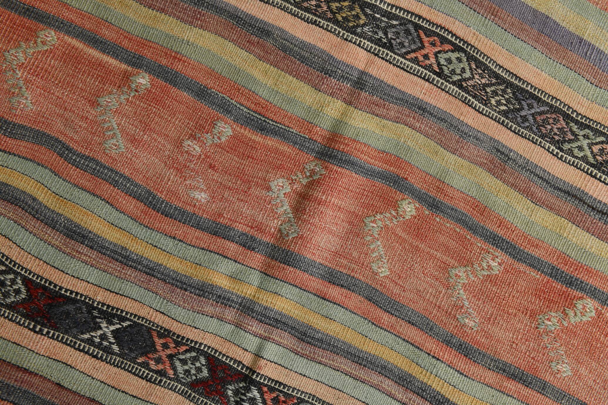 130x205Cm Pale Orange Striped Kilim Rug, Rugged Rugs, 4x7 Wool Area Rug