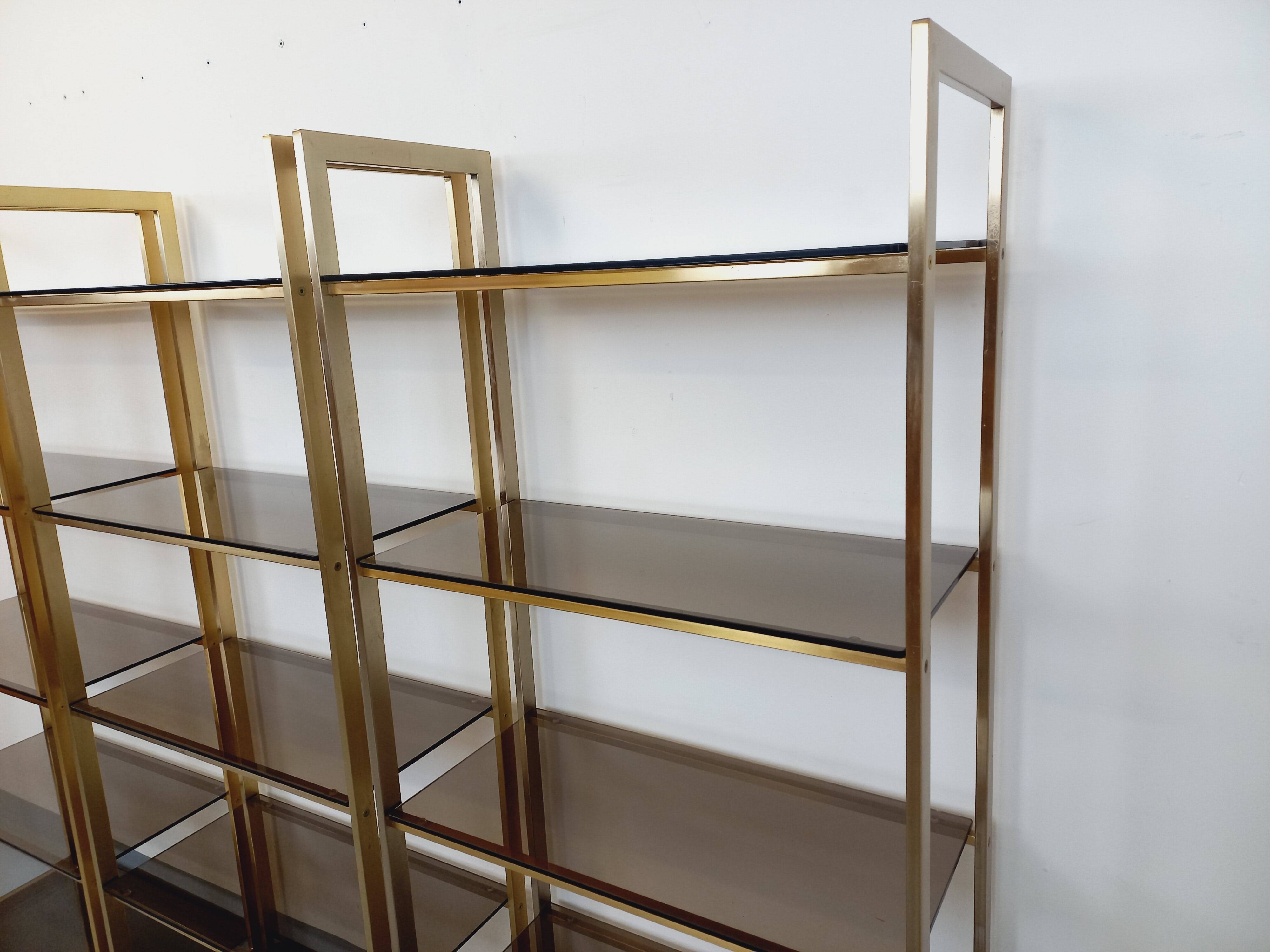 Artelano vintage bookcase shelves in gold metal smoked glass from the 70s