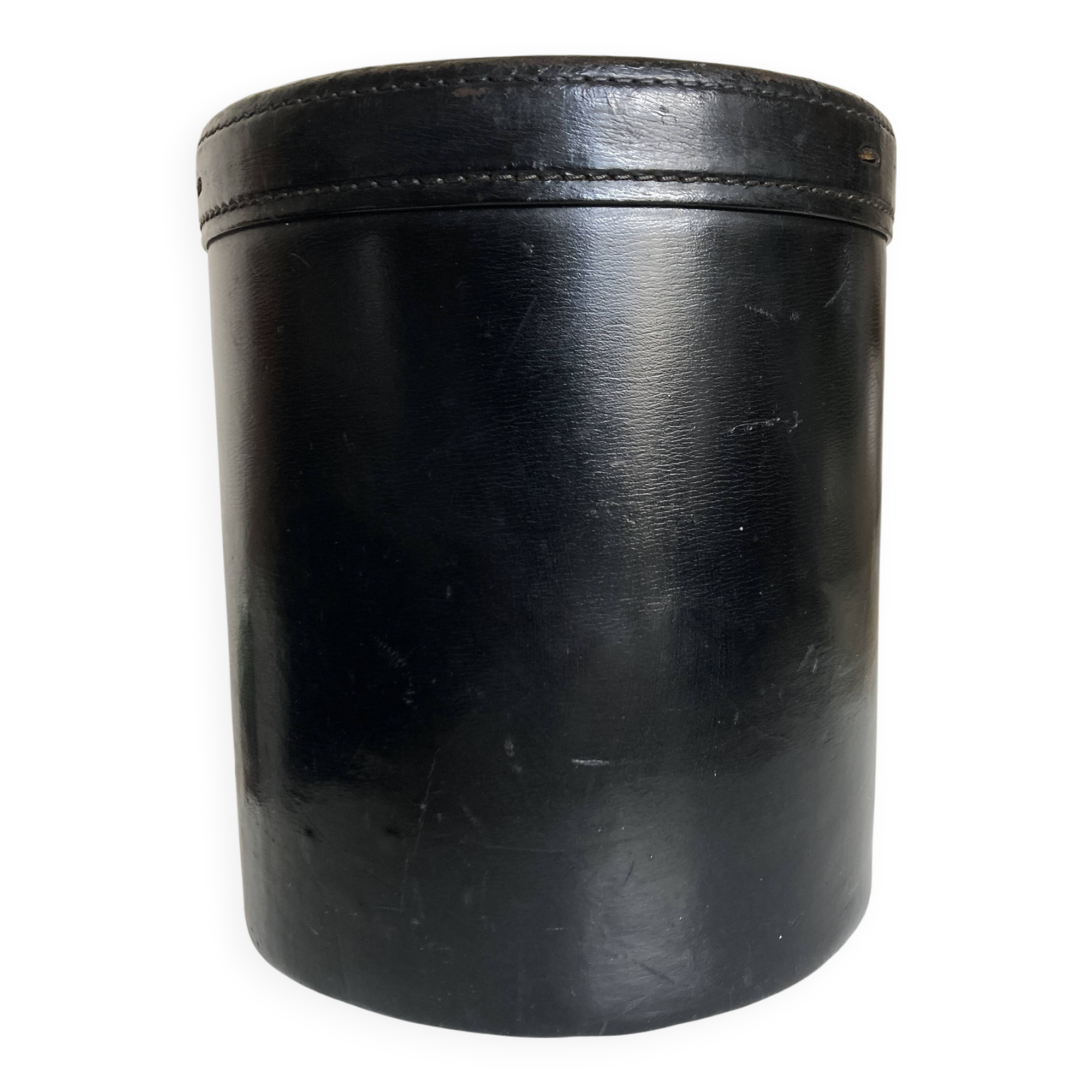 Black leather desk wastebasket, 1960