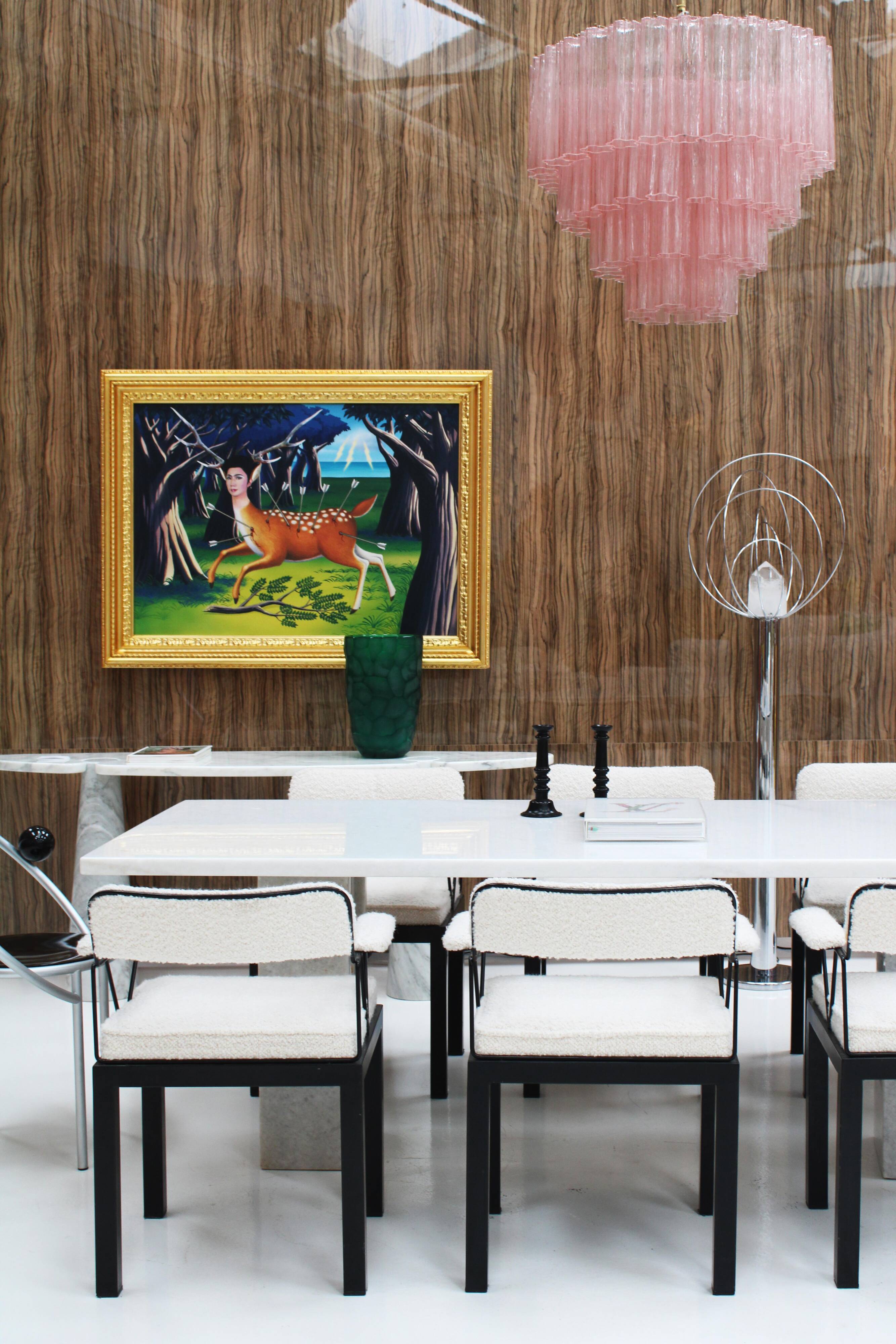 Mid Modern Italian Pink Murano Glass Cascading Suspension Lamp with Brass Frame