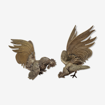 Pair of silver metal and brass roosters from 1970