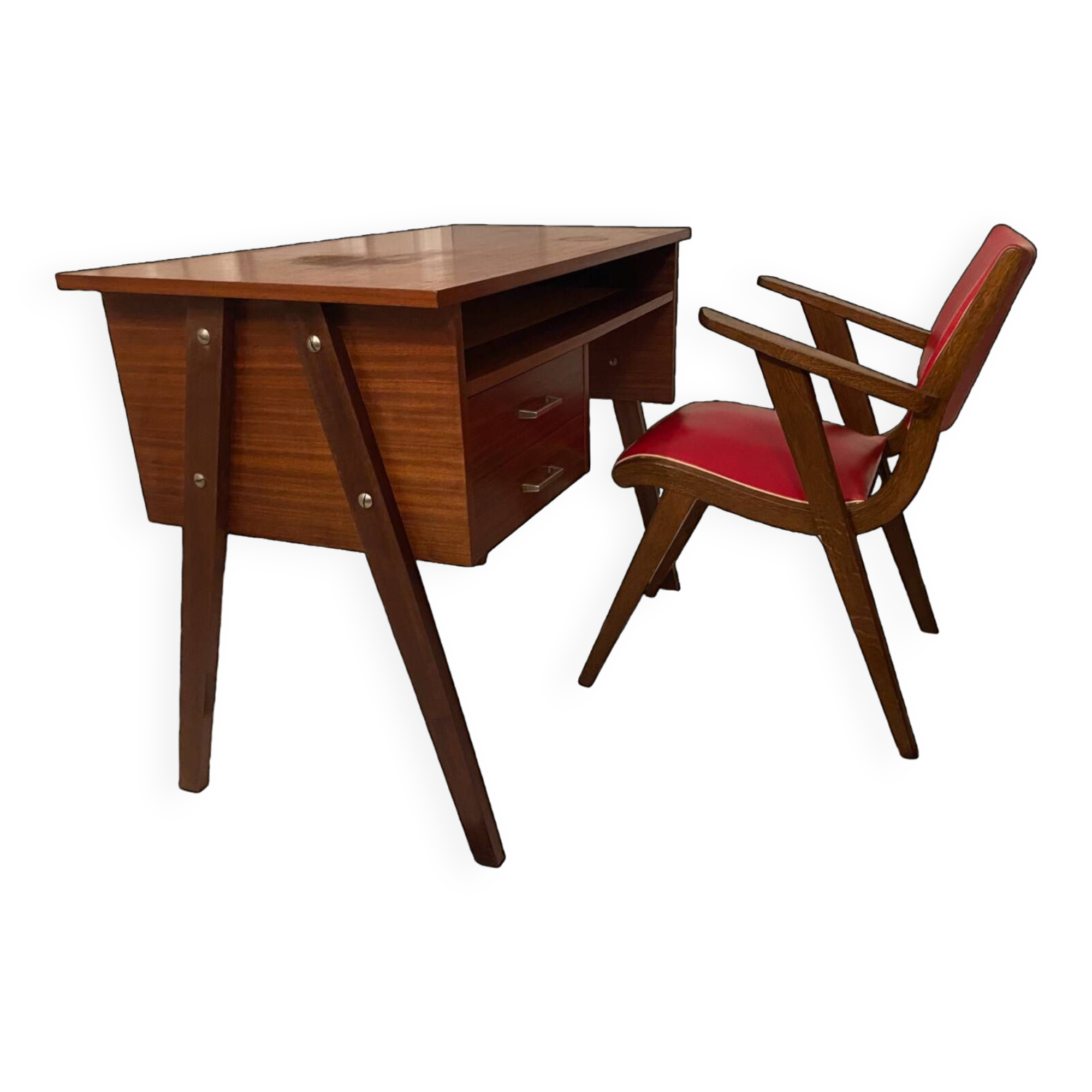 Vintage compass foot desk and armchair