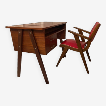 Bureau vintage pied compas et son fauteuil