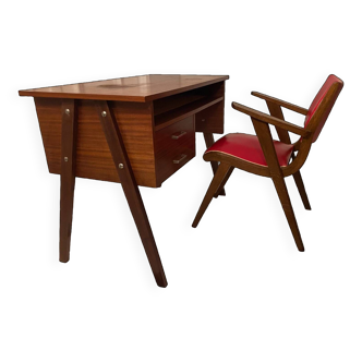 Bureau vintage pied compas et son fauteuil