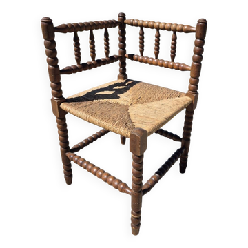 Vintage Dutch rustic corner chair bobbin turned oak with rush seating