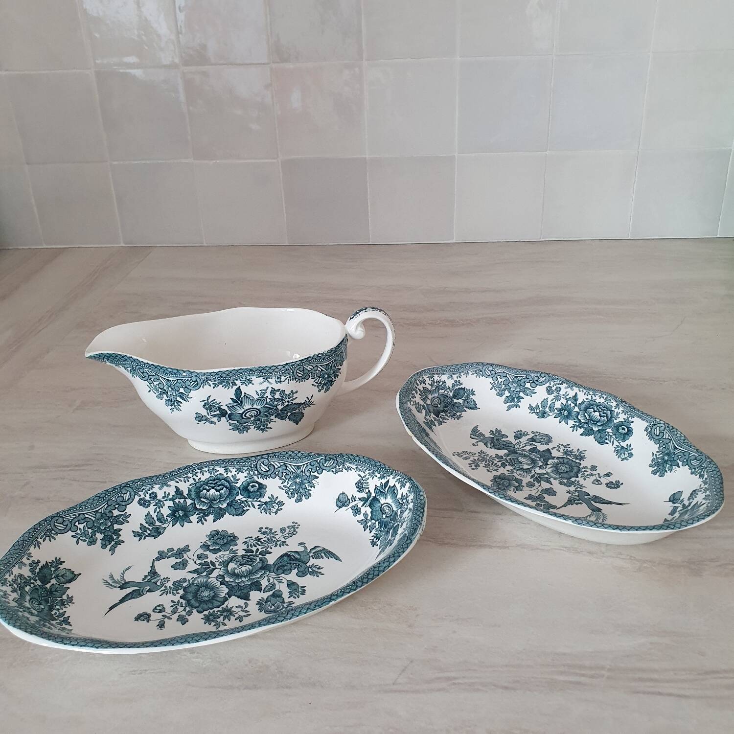 Enoch Wedgewood "Asiatics Pheasants" style "Earth" serving dishes and gravy boat