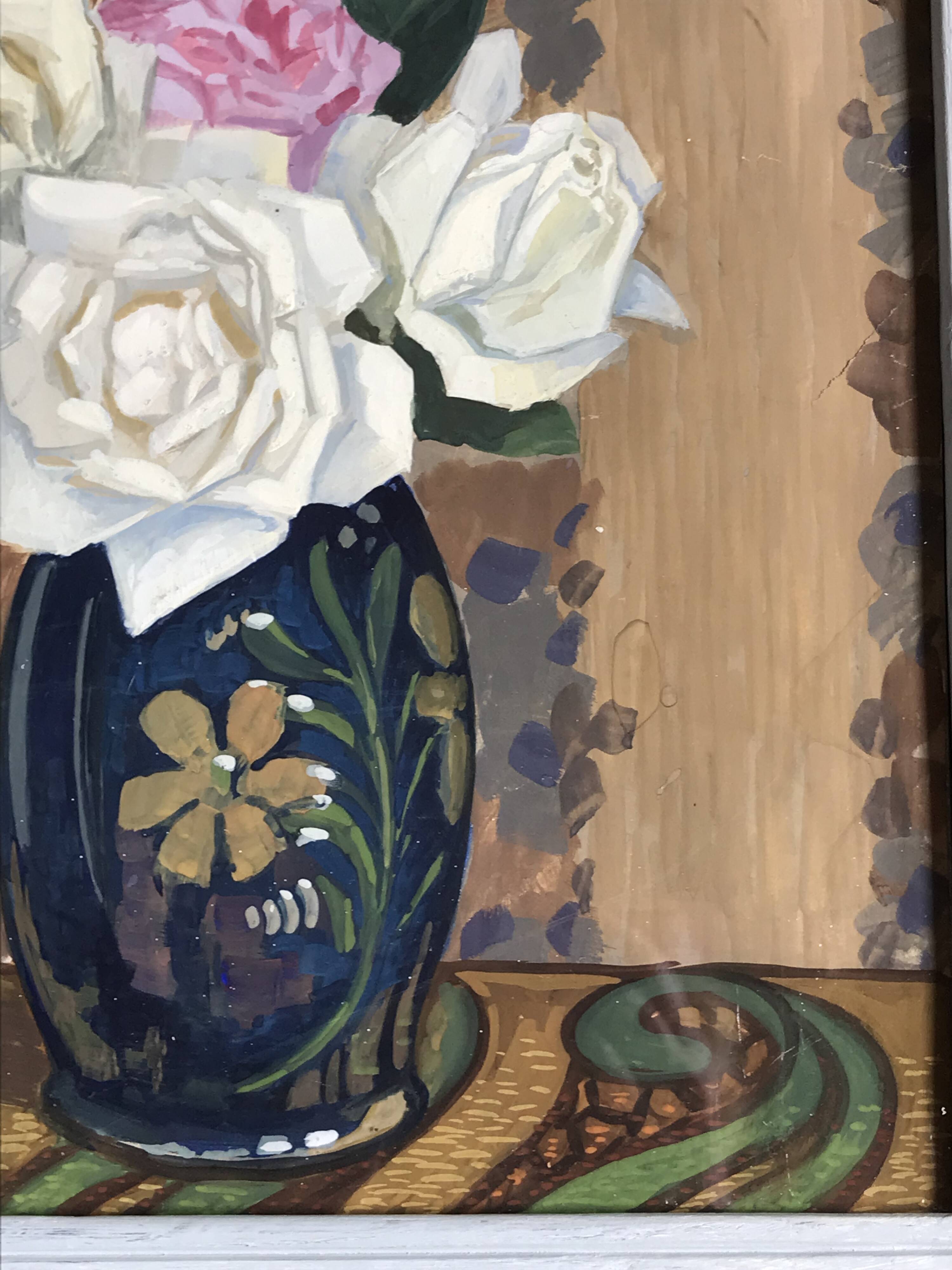 Tableau Art Déco, vases aux roses vers 1920