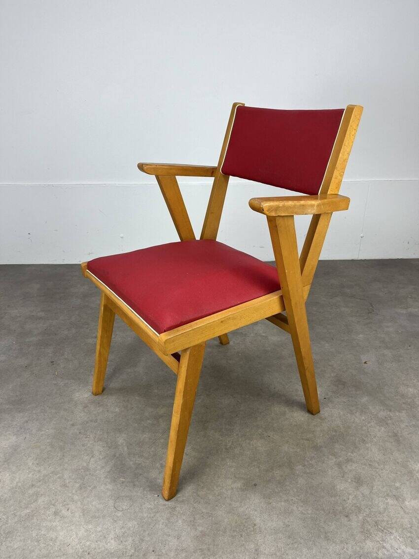 1950s bridge armchair, wood and red imitation leather