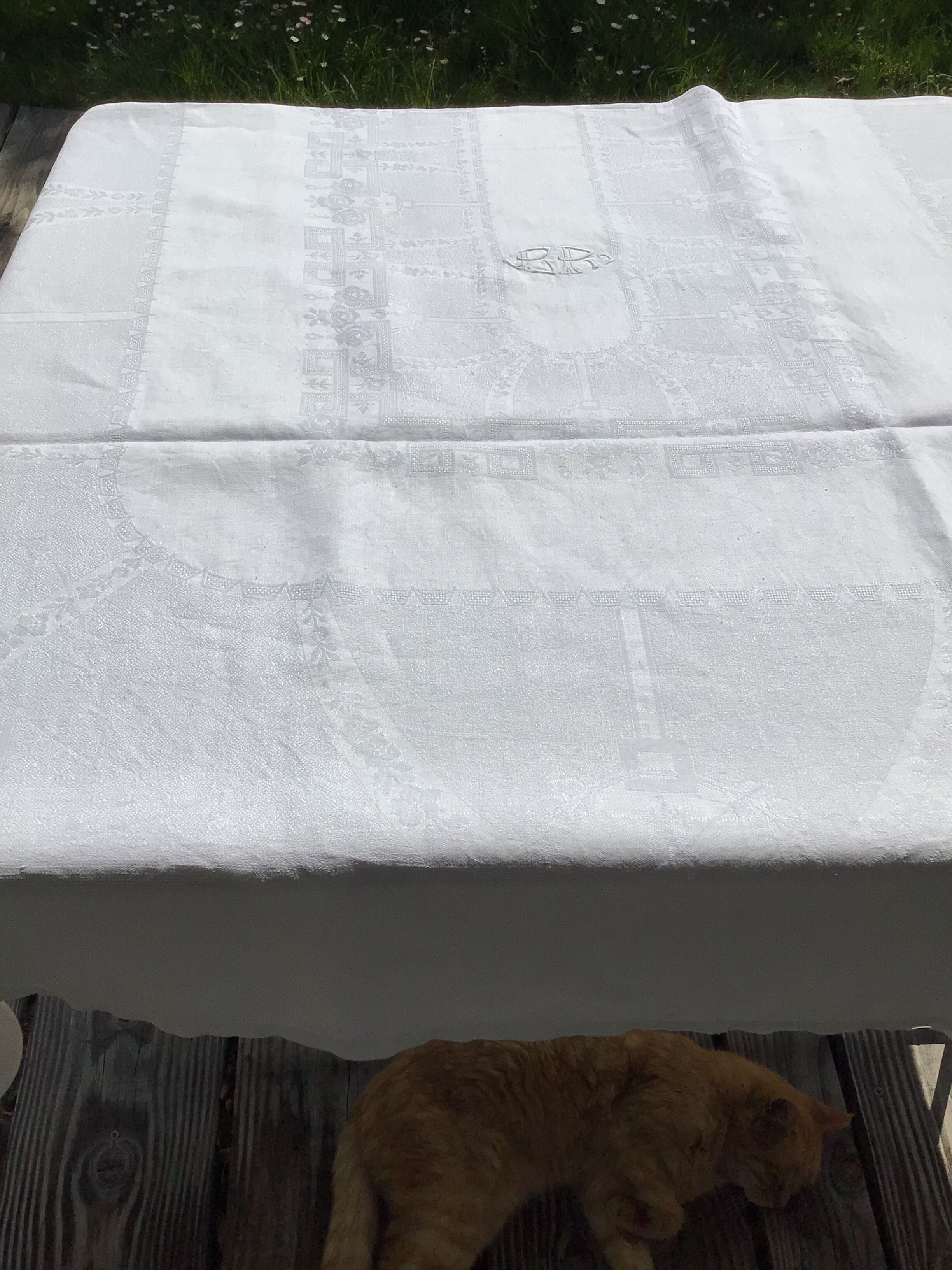 BR embroidered rectangle tablecloth with 12 matching towels.
