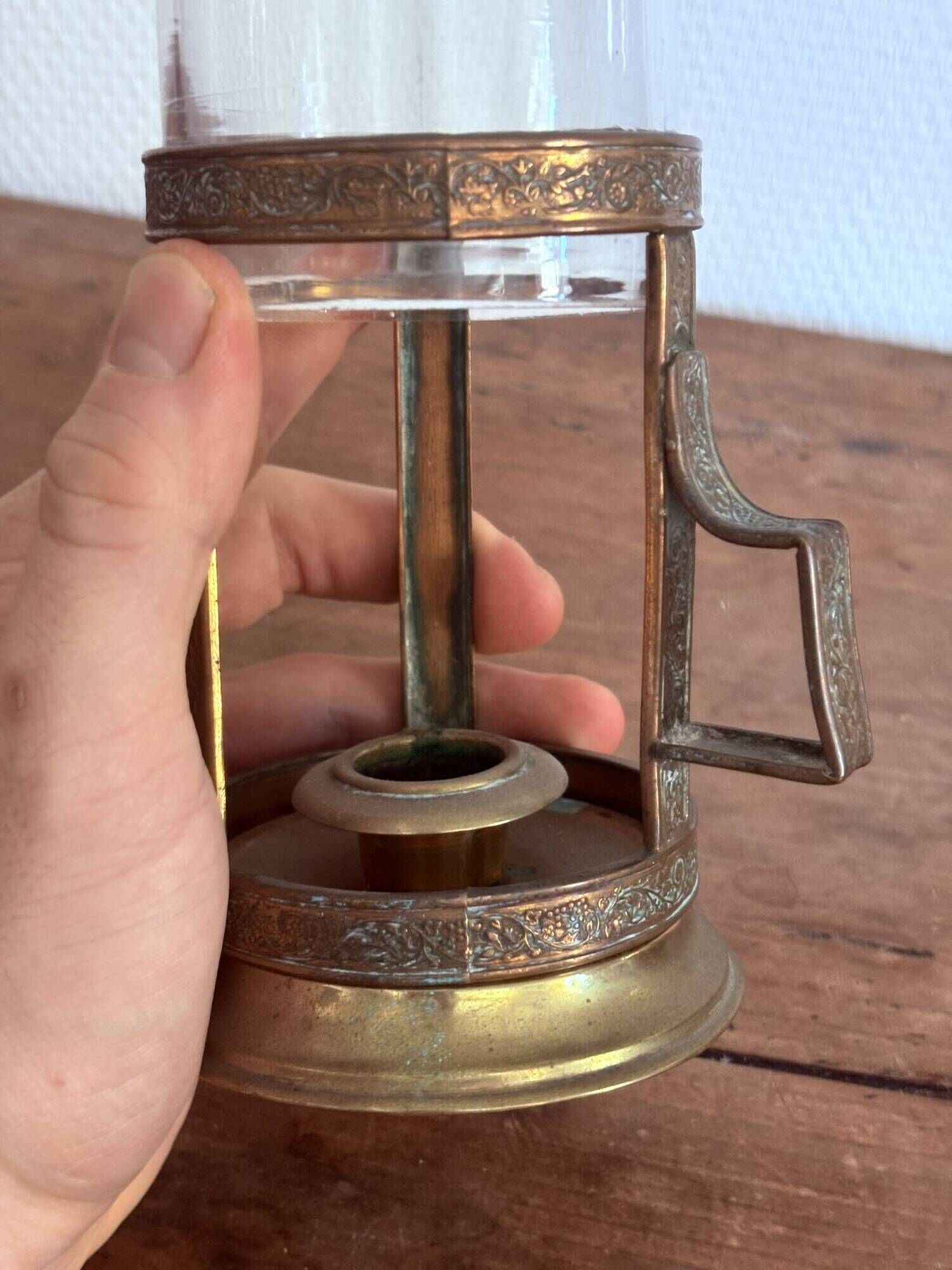 Night Candle Holder Brass Chiseled Blown Glass Night Light 19th Century