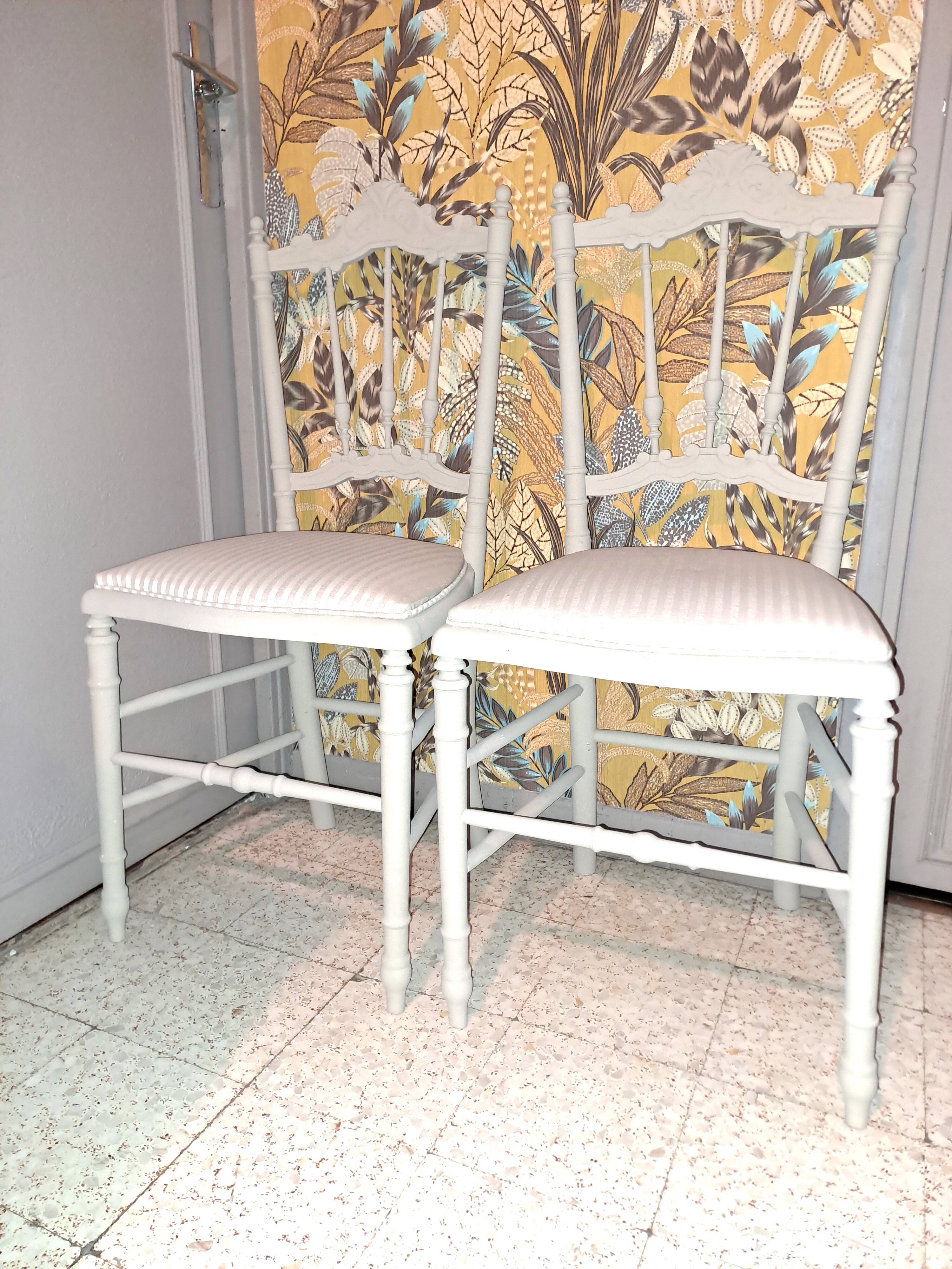 Lot of 2 empire style opera chairs redone in 19th century striped fabric, beige color