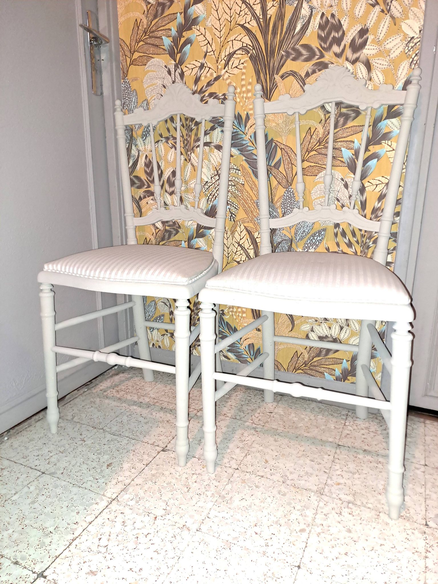 Lot of 2 empire style opera chairs redone in 19th century striped fabric, beige color