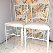 Lot of 2 empire style opera chairs redone in 19th century striped fabric, beige color