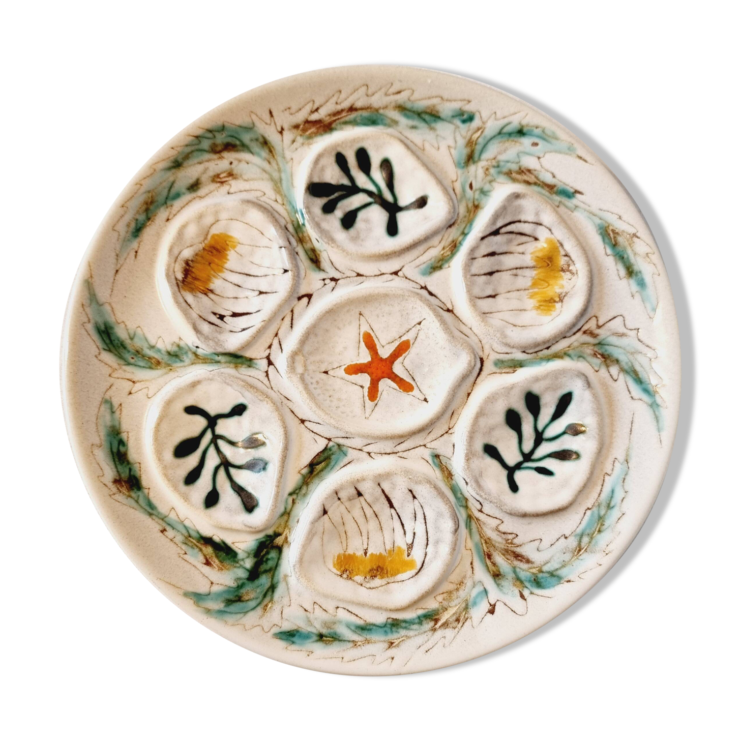 Interesting French porcelain oyster dish MBFA Pornic hand-painted marine M.