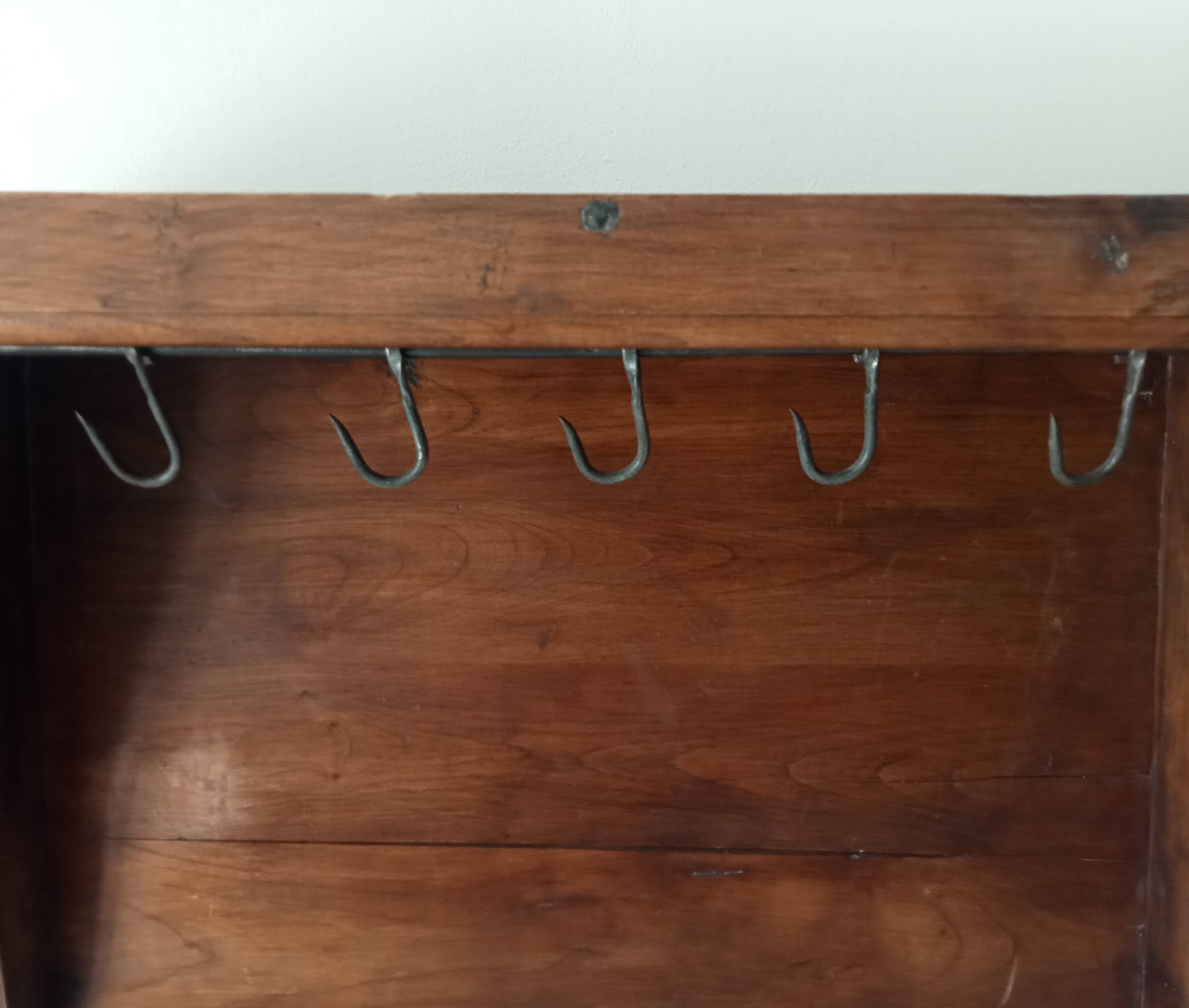 Antique wall shelf in solid chestnut with butcher's hooks