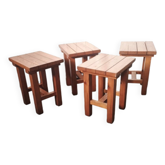 Set of 4 vintage stools in solid pine from the 70s