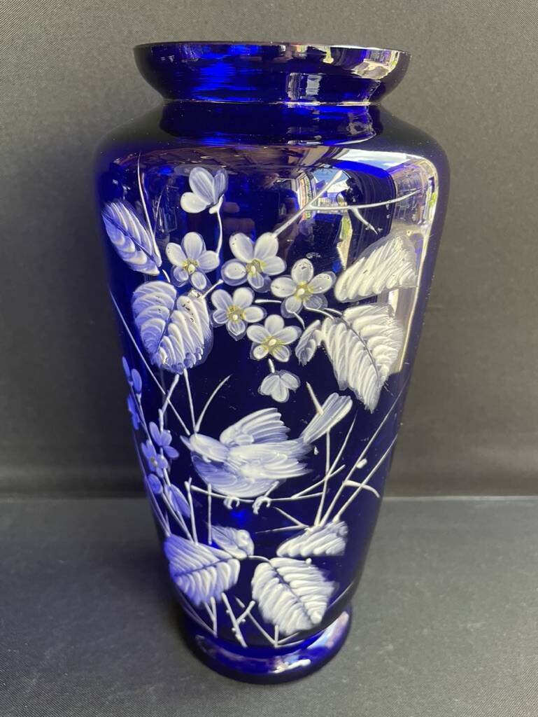 Pair of numbered white enamelled cobalt blue blown glass vases