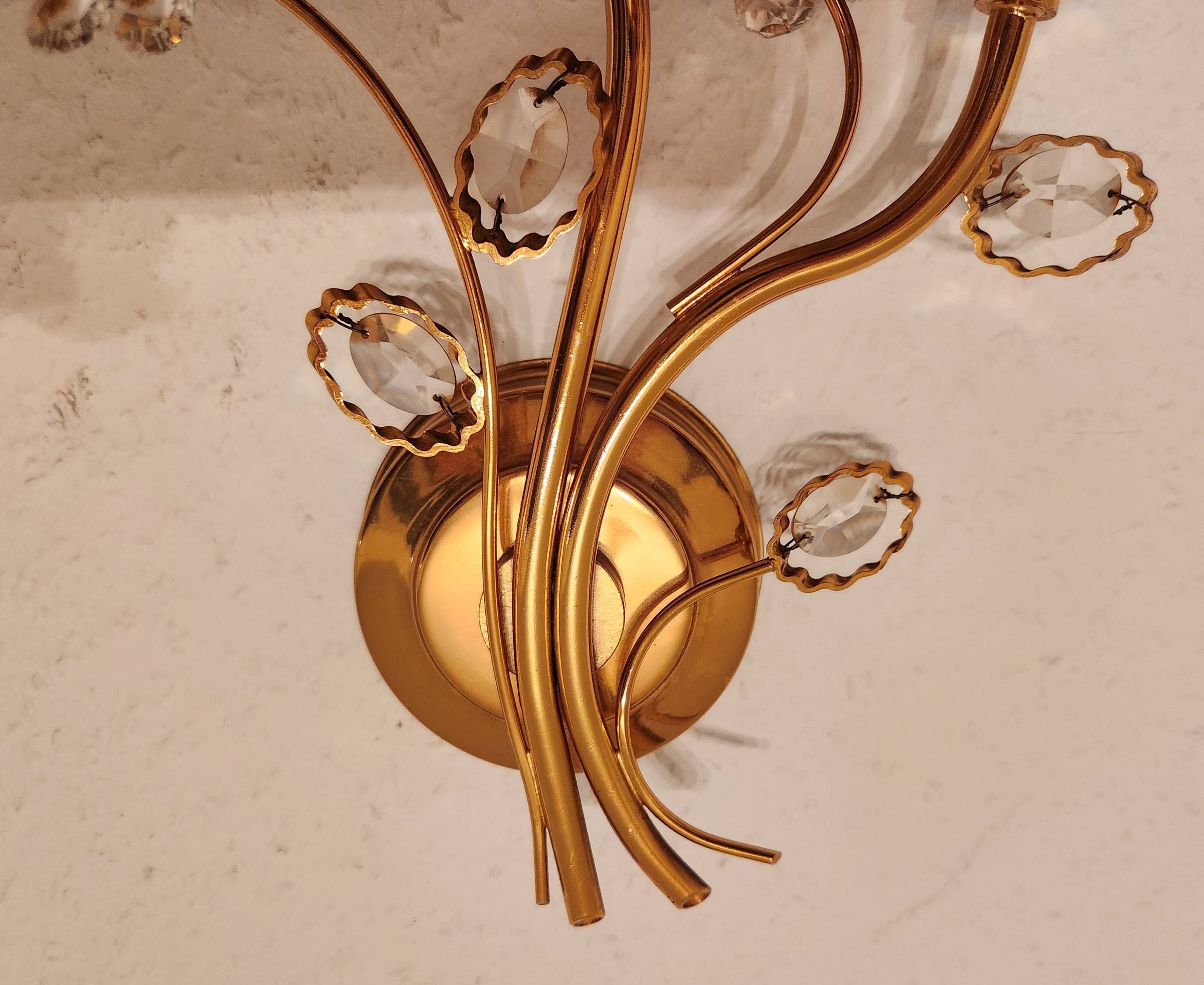 Set Hollywood Regency Wandlampe vergoldet Messing Swarovski-Kristalle Palwa