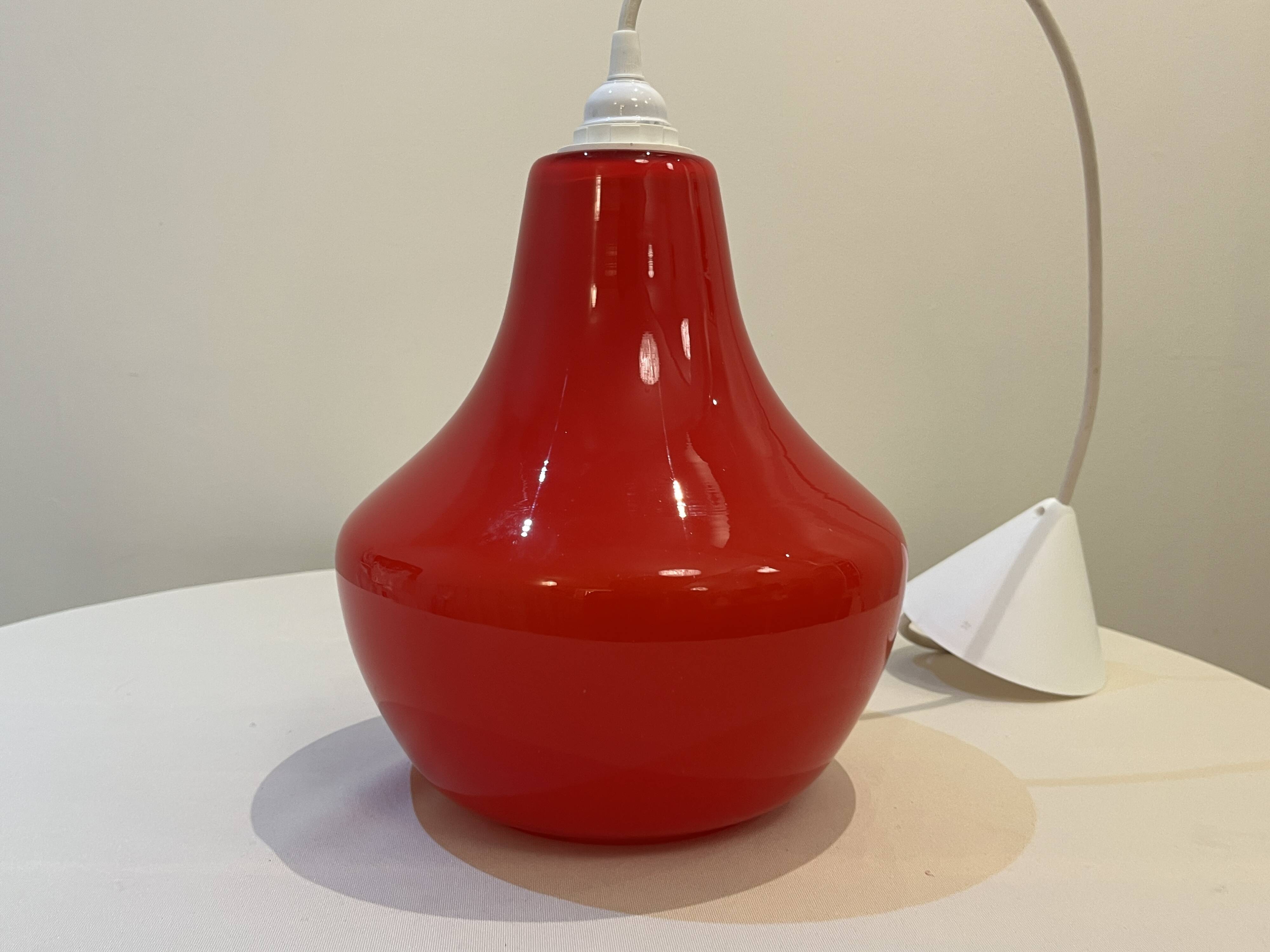 Red Opaline Glass Pendant Light 1970 Space Age Ceiling Lamp Free Form Orange