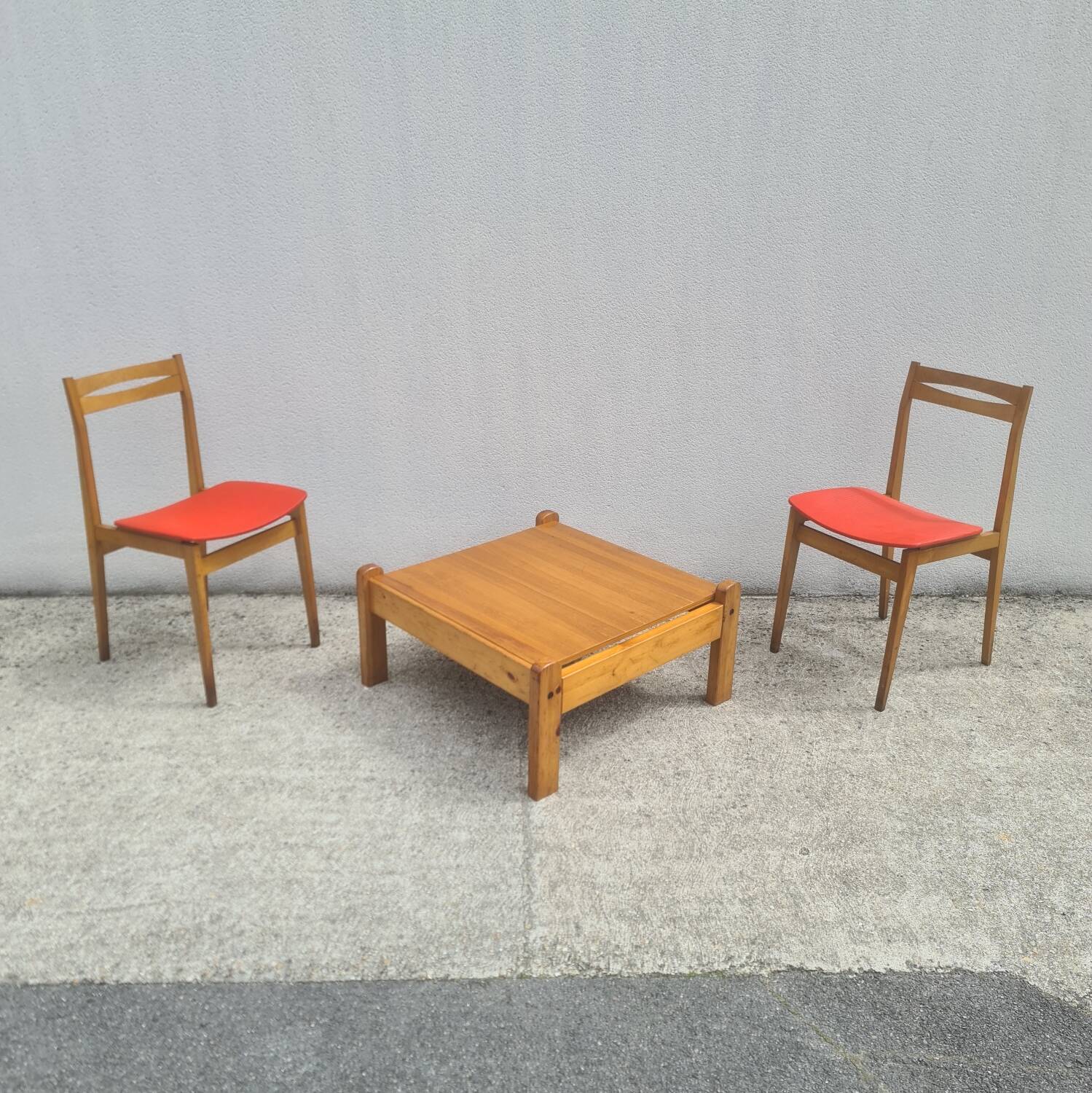 Brutalist square coffee table, solid pine, vintage