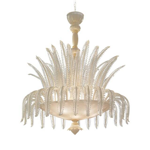 Contemporary Venetian White and Gold Leaves Murano Style Glass Chandelier