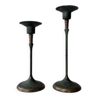 Set of two green bronze Italian candlesticks from the 1980s.