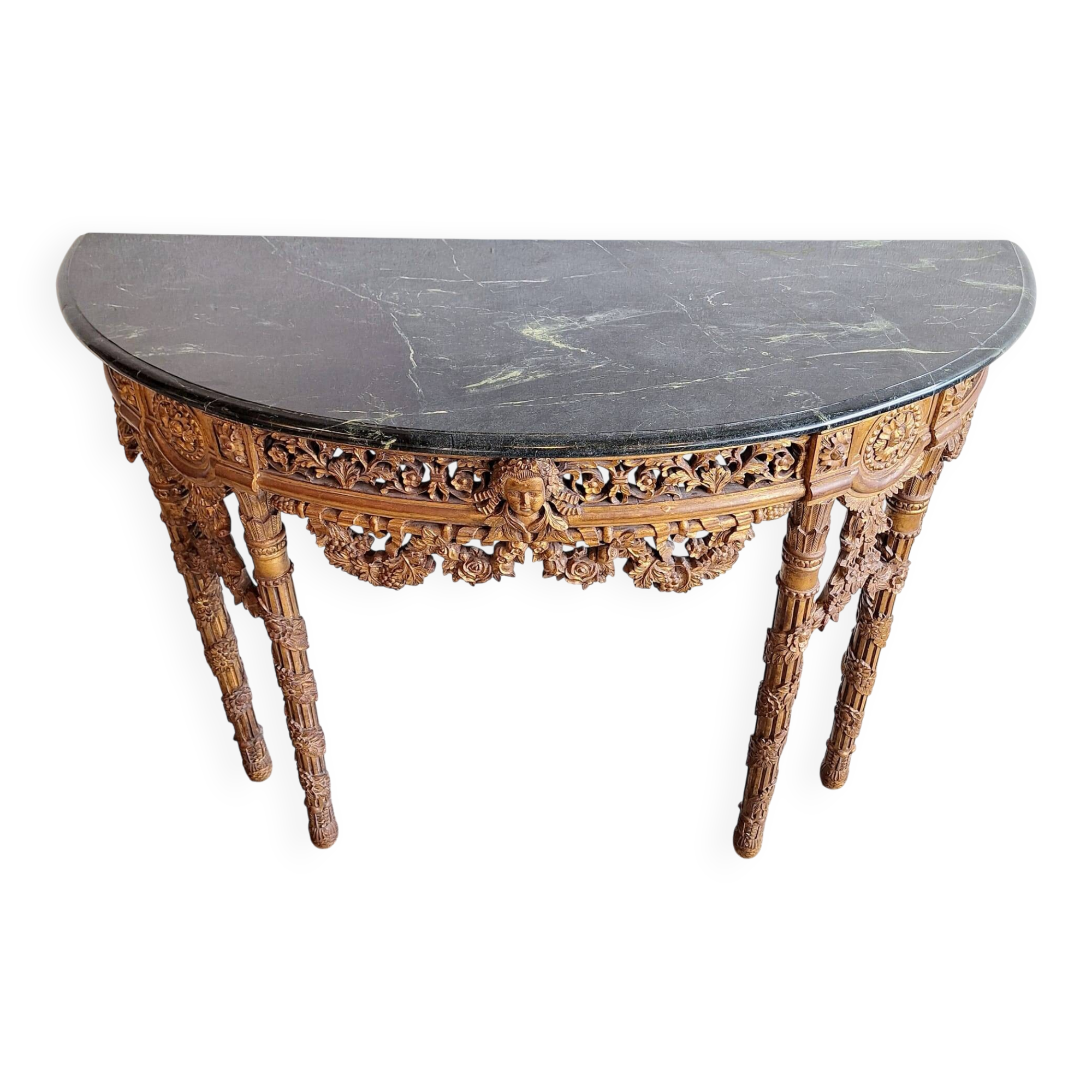 French baroque half-moon wall console with marble and six legs.