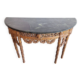 French baroque half-moon wall console with marble and six legs.