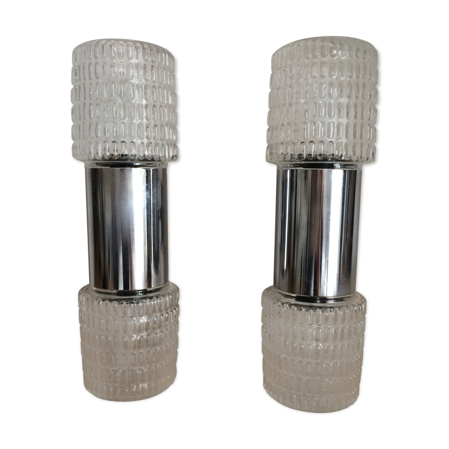 Pair of 70 years double wall light in chrome and glass