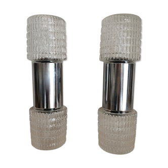 Pair of 70 years double wall light in chrome and glass