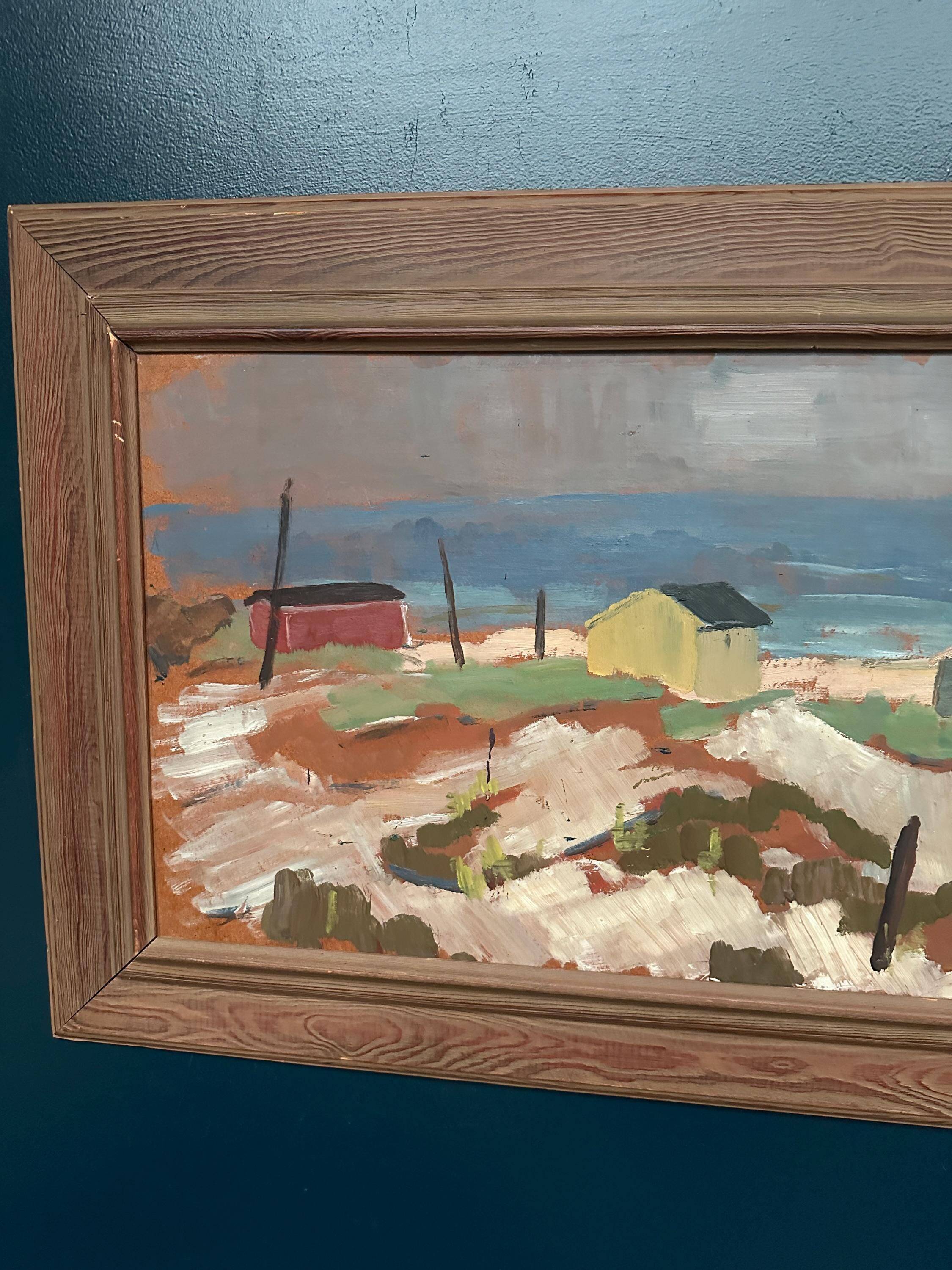 Original Swedish Oil on Panel – “Coastal Village” by Frans Lundberg Vintage