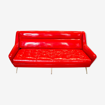 Sofa with red vinyl upholstery, Italy 50s