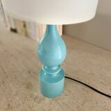 Pair of sky blue Philippe Capelle bedside lamps in turned wood - 1970.