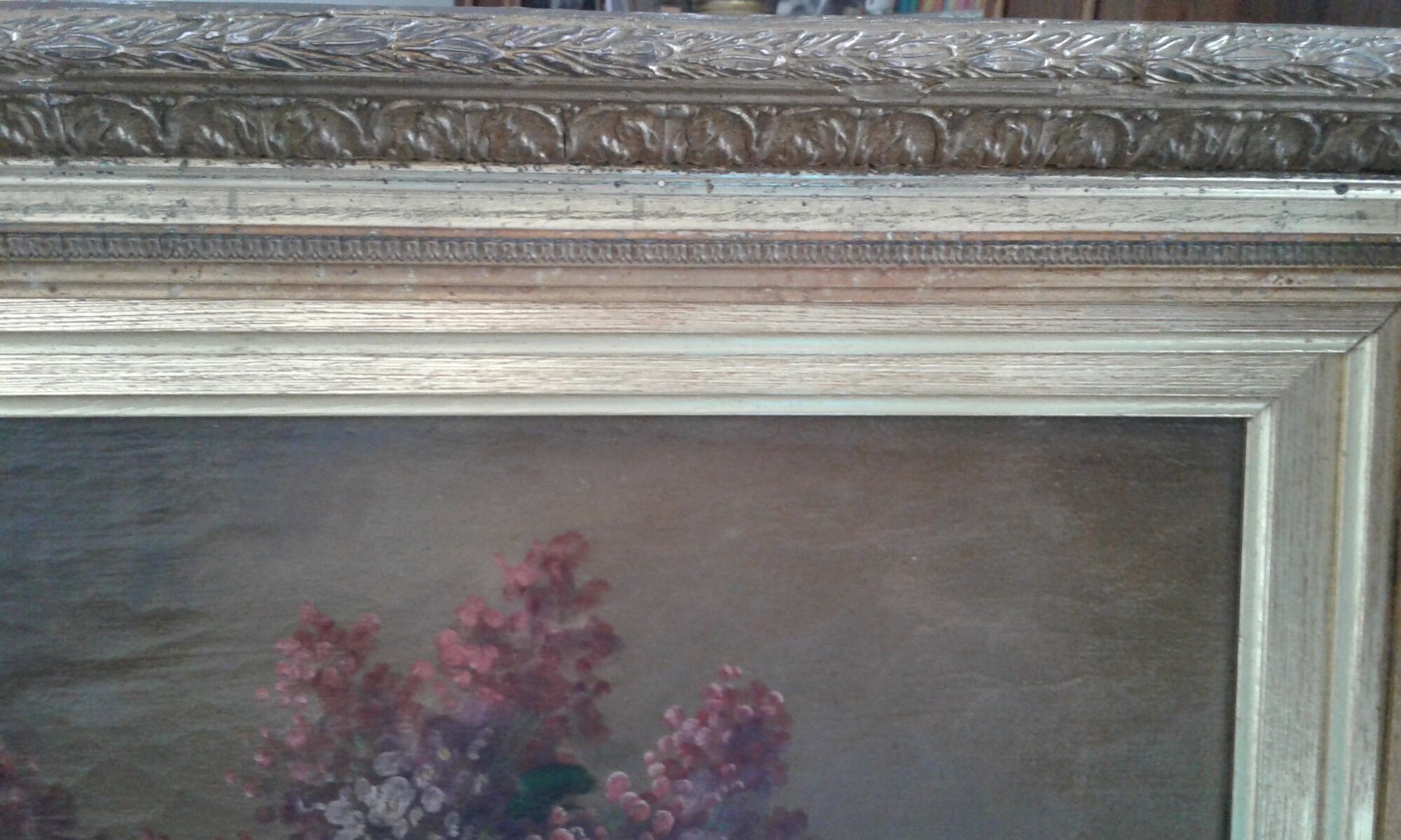 Painting still life with bouquet of roses and lilacs
