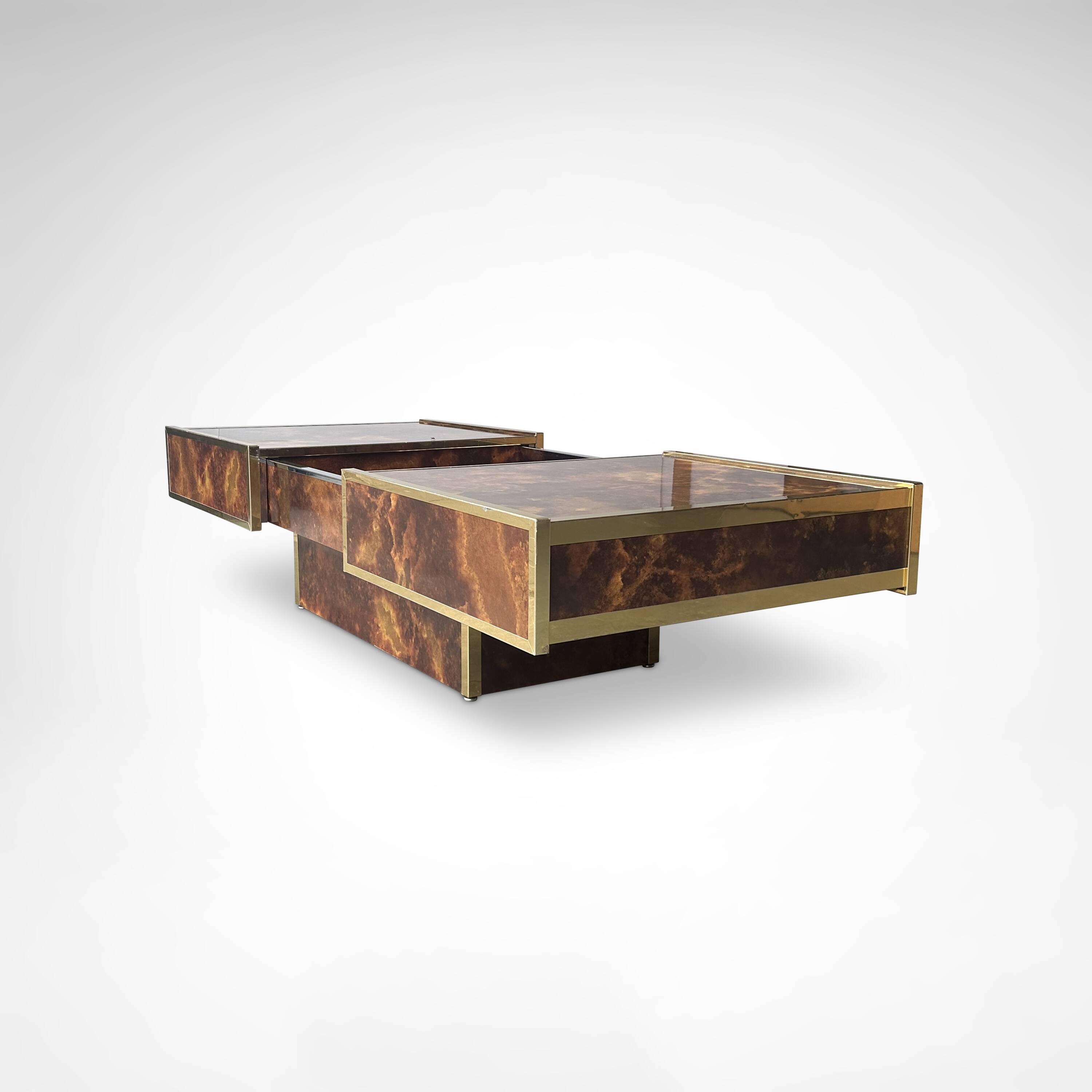 Burl wood and brass metal coffee table with integrated bar by Maison Lancel
