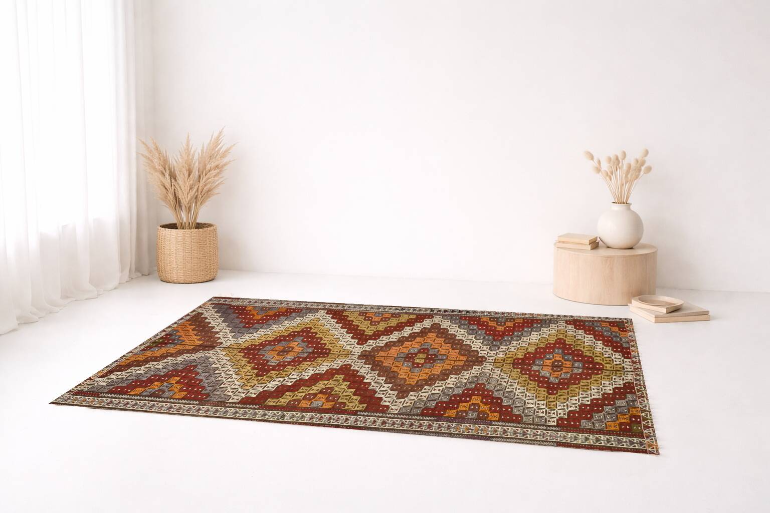 Deep Burgundy & Mustard Yellow Star Pattern Turkish Kilim Rug, 145x282 Cm