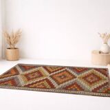 Deep Burgundy & Mustard Yellow Star Pattern Turkish Kilim Rug, 145x282 Cm