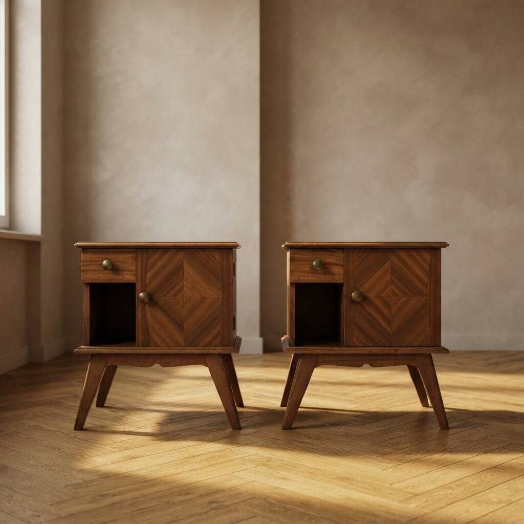 Pair of vintage mid-century modern wooden bedside tables / nightstands