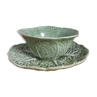 Bowl cup plate cabbage in enamelled slip from Portugal