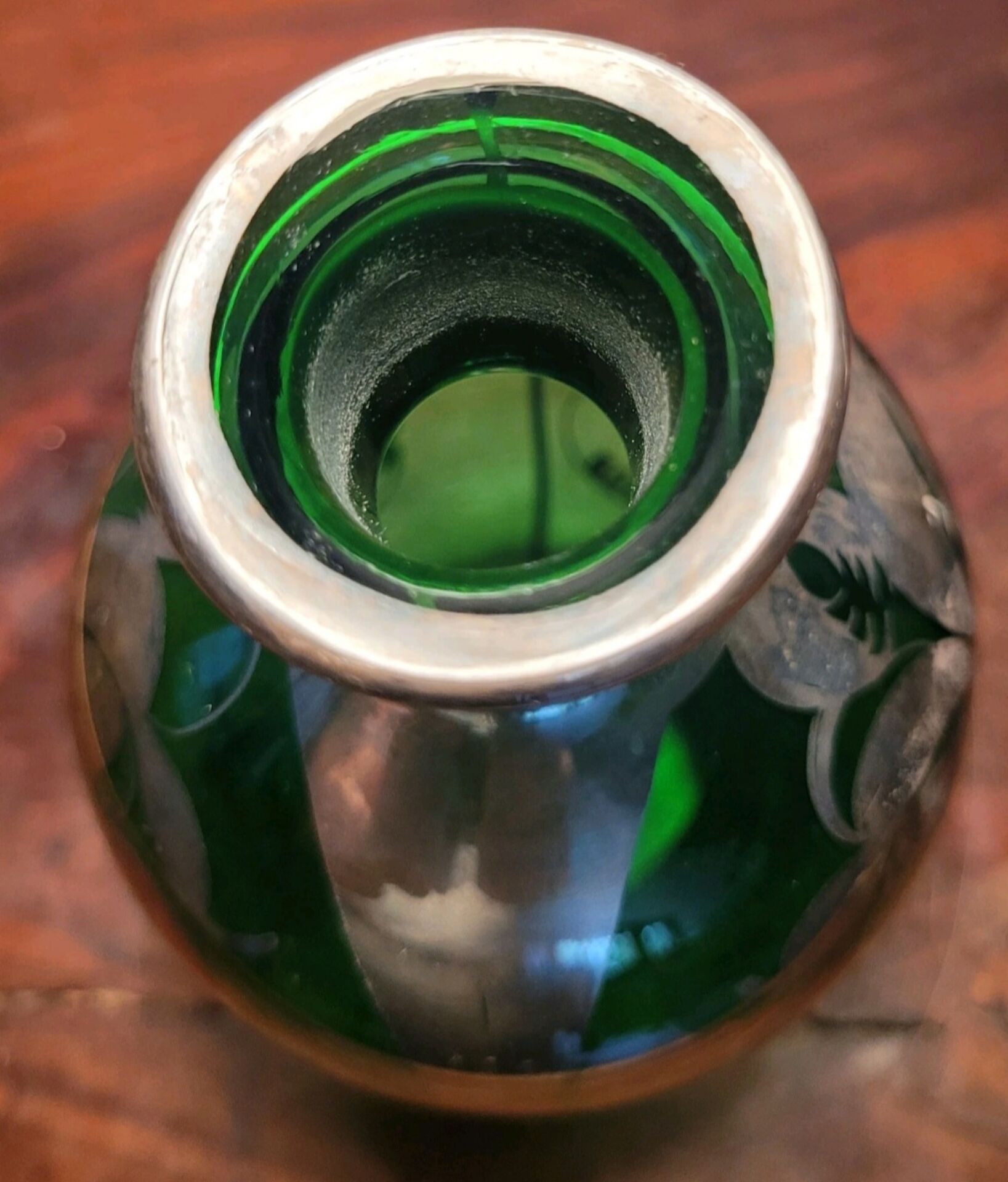 Murano glass alcohol bottle green & silver 1930s - 1940s.